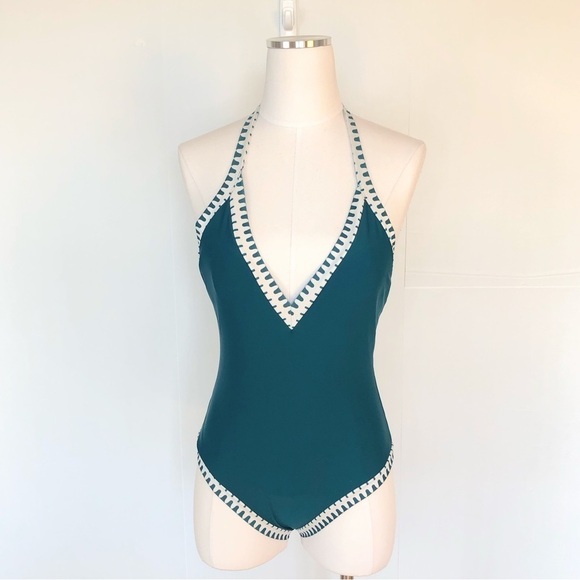 TEAL & white 1 pc halter swimsuit XS - Picture 1 of 8